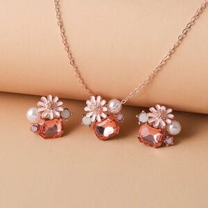 **VIENNE* 3-Pc Rose Gold x Rhinestone Flower Fashion Jewelry Set